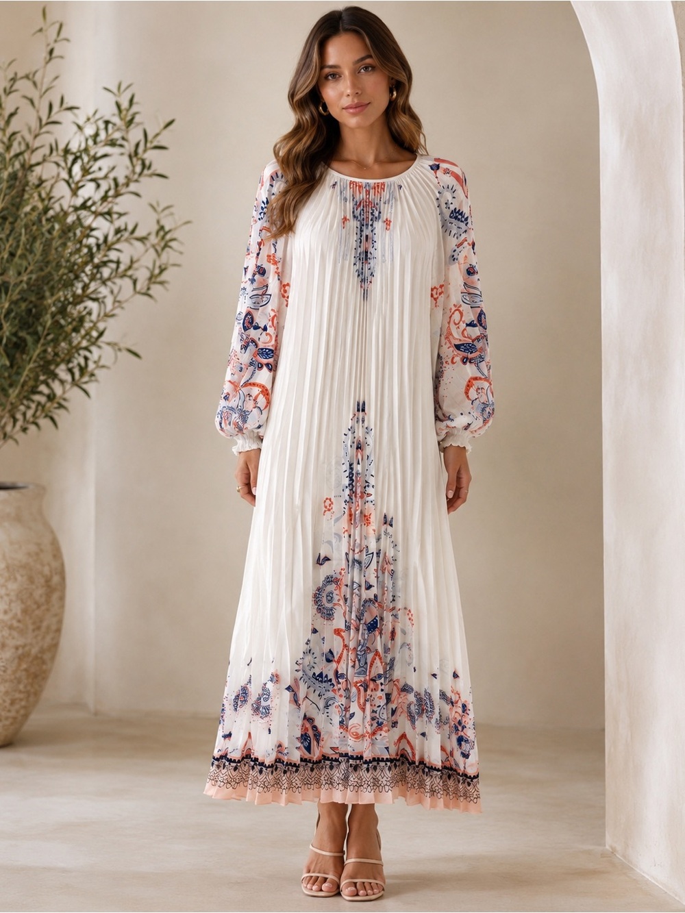 Beulah Ivory Maxi Dress with Blue & Peach Print